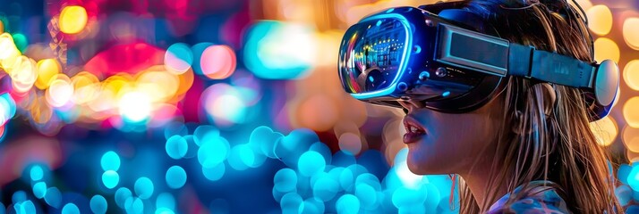 Wall Mural - Future reality VR technology virtual reality glasses woman events woman events glasses. Stock AI.