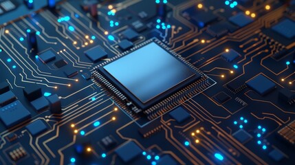 The future of hardware, wiring, electrical and data with a closeup of a motherboard chip for a computer system and processor.