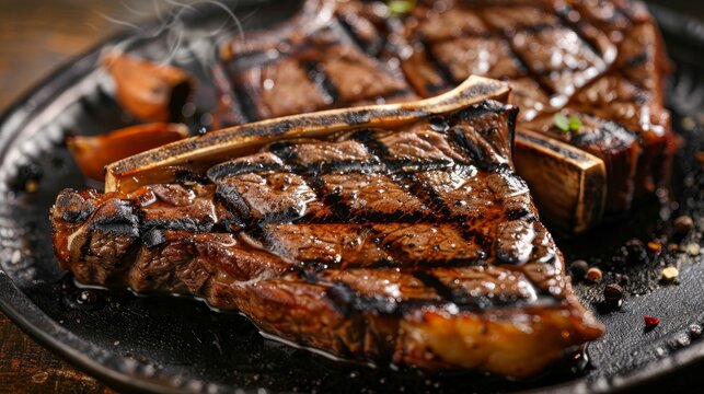 Sizzling grilled T-bone steak on a plate, ready to be enjoyed.