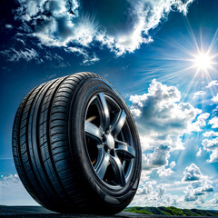 Wall Mural - Car tire sitting on top of road under blue cloudy sky.