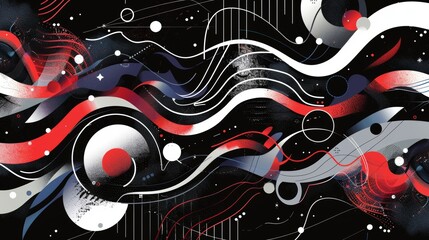 Poster - The retro-futuristic style on a black background is characterized by fluid shapes and lines that suggest motion and energy, and is a juxtaposition of past and future aesthetics.