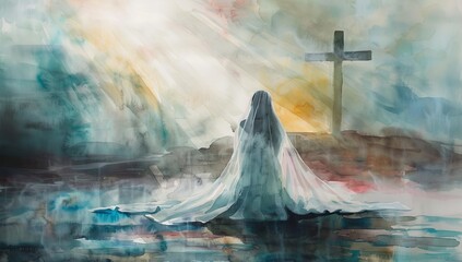 An image of Mary kneeling and gazing at the cross in the sky. This is a digital watercolor painting created in Photoshop.