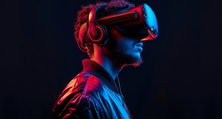 Wall Mural - A young man wearing virtual reality glasses on a dark background. Augmented reality, science, future technology concept. VR. Futuristic 3d glasses with virtual projection. Neon light.
