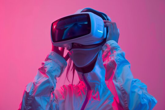 A young woman experiencing virtual reality under neon lights