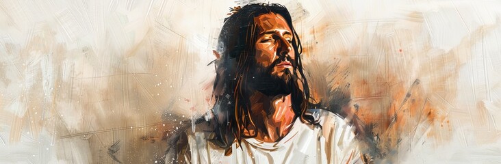 An abstract background with a drawing of Jesus Christ with a long beard and mustache