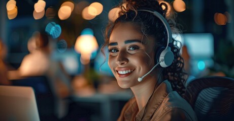 Poster - person, crm, laptop and faq for help with telecom support, contact and telemarketing advice in an of