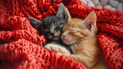 Canvas Print - Two adorable sleeping kittens on cozy knitted blanket sharing sweet dreams Feline love on Valentine s Day