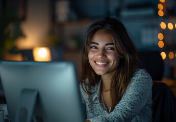 Poster - portrait of smiling business woman working on computer in the office. face, pc, and happy entreprene