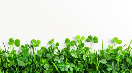 Wall Mural - Isolated green grass with the clover leaf on white background,copy space. 