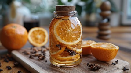 Poster - Citrus Infused Beverage in a Glass Jar on a Wooden Cutting Board