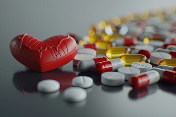 Leinwandbilder - A close-up image featuring a variety of heart medications, including pills, capsules, and a heart rate monitor, arranged on a clean surface. Generative AI