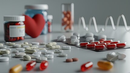 Fototapete - A close-up image of heart medications, including pills, capsules, and a heart rate monitor, arranged on a clean surface. Generative AI