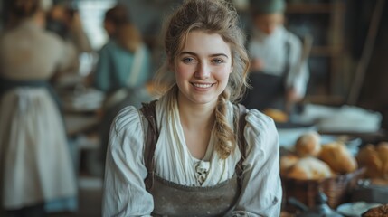 old time historical era, young pretty woman smiling  working as Boulanger, bread or loaves maker, 