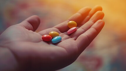 Poster - Close-up shot of colorful pills resting on an open palm, with a blurred background. Generative AI