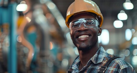 Wall Mural - Smiling industrial worker wearing safety glasses and hard hat inside a factory