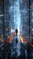 Wall Mural - View from the back of a man looking up at a night city of the future with a moon in the sky, powered by stock AI technology.