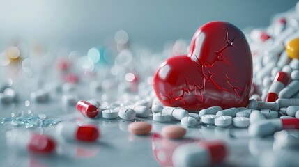 Leinwandbilder - A broken heart figurine surrounded by heart medications, emphasizing the importance of medication in heart disease management. Generative AI