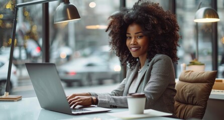 Poster - Confident businesswoman working on laptop in modern office with large windows