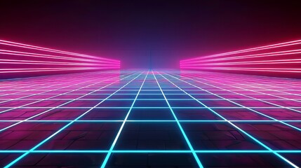 Wall Mural - Neon Grid Road With Pink Lights