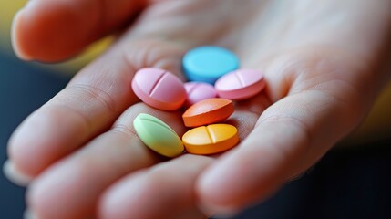 Poster - A close-up shot of an open palm holding several colorful pills, with a soft blurred background. Generative AI