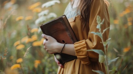 woman holding a bible. a natural background. is faithful to god and love god's word