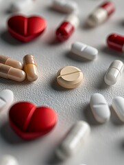 Poster - Various heart medications, including pills and capsules, are arranged on a clean surface. Generative AI