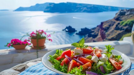 Wall Mural - Enjoy a traditional Greek salad while taking in the breathtaking sea view of Santorini island. Experience Greek cuisine at its finest during your travel adventure