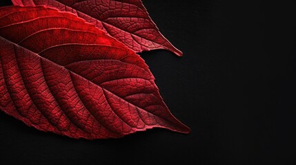 Wall Mural - Red tree leaf close up in garden with black background and text space