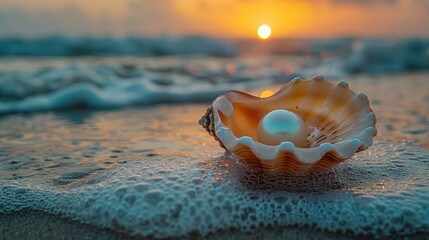 Poster - Pearl in a Seashell on the Beach at Sunset