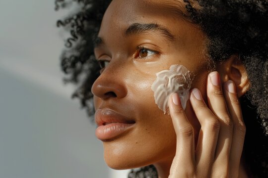 luxurious skincare experience - diverse woman applying bakuchiol cream on her face, showcasing the smooth texture and soothing sensation of lotion as it nourishes the skin