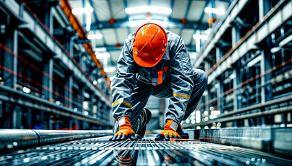 Man in orange safety helmet is working on conveyor belt.