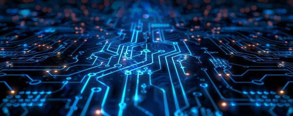 Poster - Blue circuit board pattern with glowing lines and components