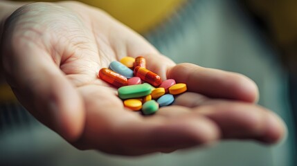 Poster - A close-up shot of a hand holding a collection of colorful pills. The background is blurred, focusing on the pills and creating an intimate and caring atmosphere. Generative AI