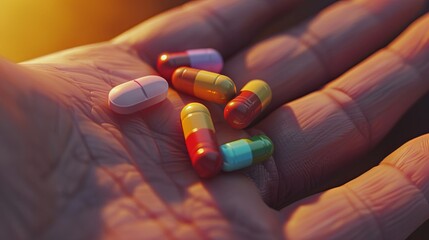 Leinwandbilder - A close-up shot of a hand holding several colorful pills, the background softly blurred to create an intimate and caring atmosphere. Generative AI