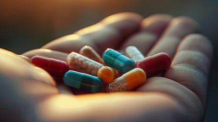 Leinwandbilder - An open palm gently holds various colorful pills, the background blurred for a soft, intimate focus. Generative AI