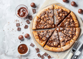 Wall Mural - Flat lay of Sweet Brazilian pizza with a lot of chocolate on the white table