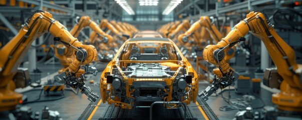 Poster - Automated car assembly line with robotic arms manufacturing a vehicle in modern factory