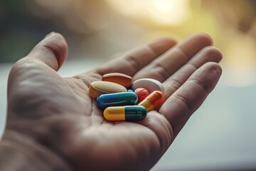 Poster - A close-up image of an open palm holding a variety of colorful pills. The background is blurred, creating a soft and intimate atmosphere. Generative AI