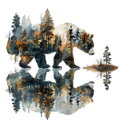 Poster - A bear double exposure, river landscape element, watercolor illustration, isolated on white background transparent background