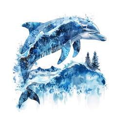 Poster - a dolphin double exposure, ocean waves element, watercolor illustration, isolated on white backgroun