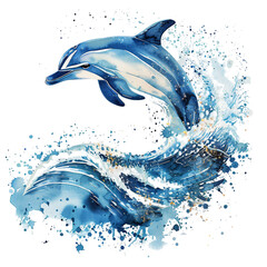 Poster - a dolphin double exposure, ocean waves element, watercolor illustration, isolated on white backgroun