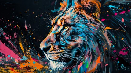 Wall Mural - Abstract Lion Portrait with Colorful Splashes