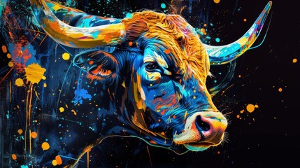Wall Mural - Colorful Bull Portrait with Splashes of Paint