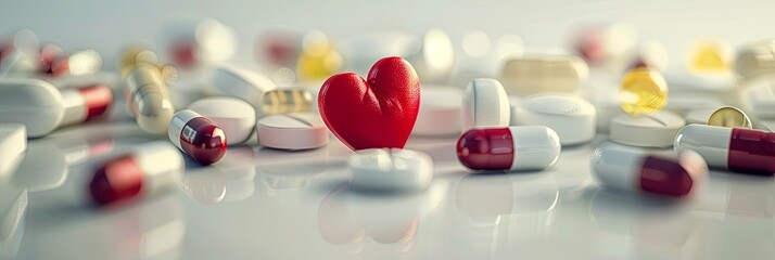 Poster - Close-up of various heart medications, including pills, capsules, and a heart rate monitor. The image highlights the importance of medication in heart disease management. Generative AI