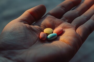 Leinwandbilder - A close-up of an open palm holding several colorful pills, captured with a blurred background. Generative AI