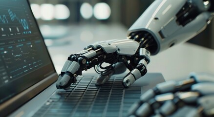 Poster - Closeup of AI robot hand typing on laptop keyboard displaying data charts