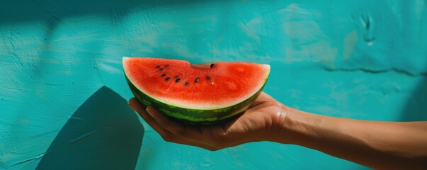 Hand holding a slice of watermelon against a turquoise wall, summer freshness concept