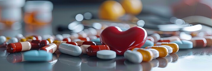 Leinwandbilder - A close-up of various heart medications, including pills and capsules, arranged on a surface with a heart-shaped object. Generative AI
