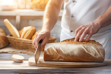 Chef slicing a loaf of fresh bread on a wooden cutting board in a rustic kitchen.