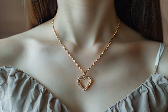 A heart pendant with a twisted rope design, hanging gracefully from a woman's neck, symbolizing strength and love.